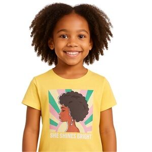 Girls Yellow “She Shines Bright” Afro Art Tee • Empowering Graphic Shirt
